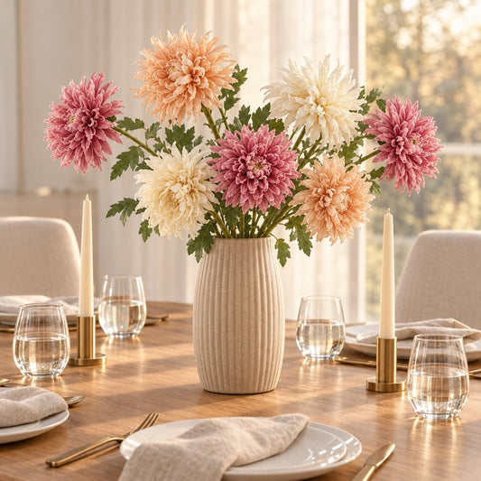 Faux chrysanthemum stems in peach, cream and dusty pink in a tall ribbed oatmeal vase on a sunlit dining table with taper candles