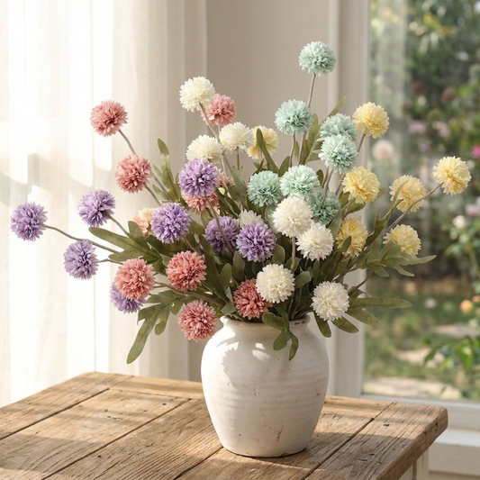 Faux dandelion stems in white vase by window