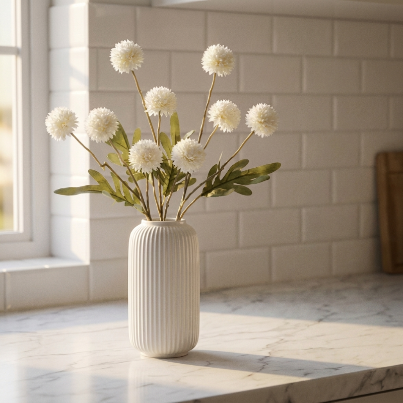 Cream faux dandelion stems in white vase on countertop