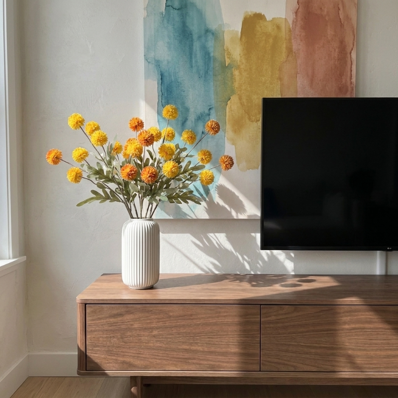 Yellow faux dandelion stems in glass vase on wooden media console