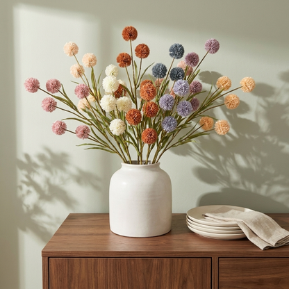Faux dandelion stems in white vase on wooden table