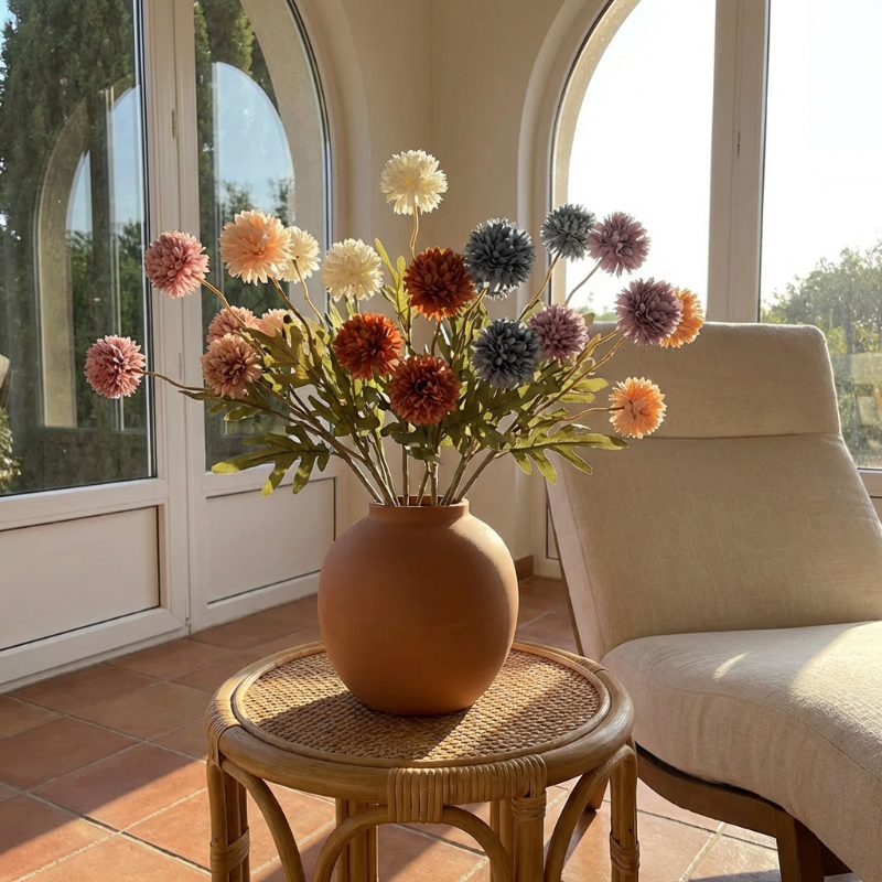 Faux dandelion stems in terracotta vase by window
