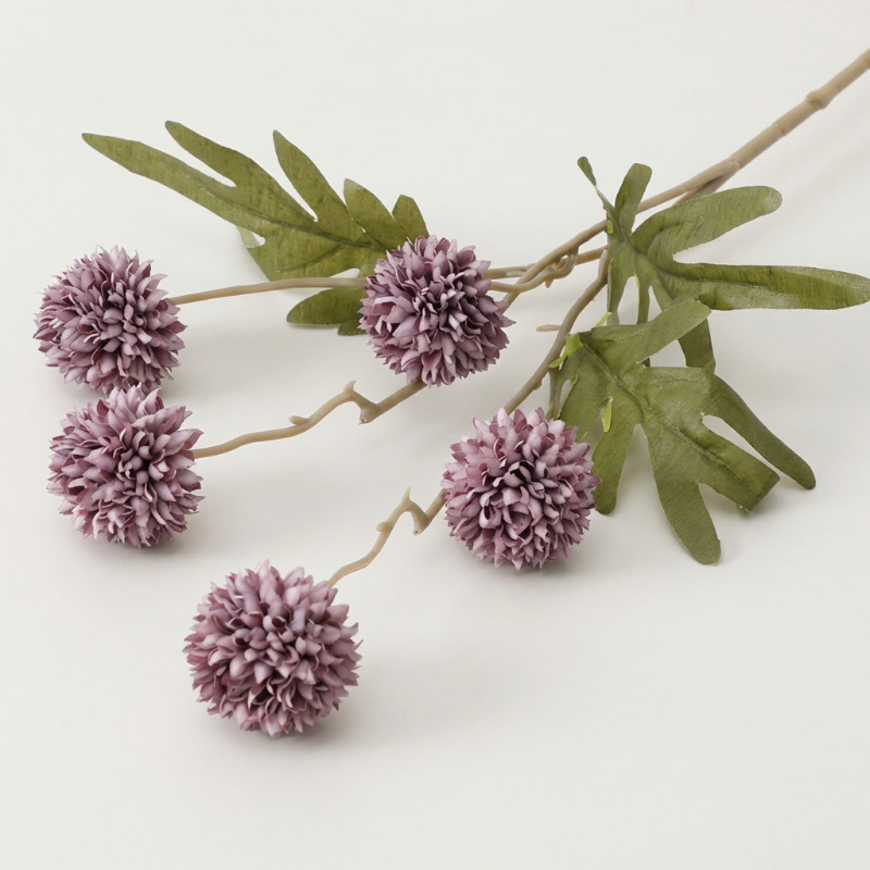 Plum faux dandelion stems on white background