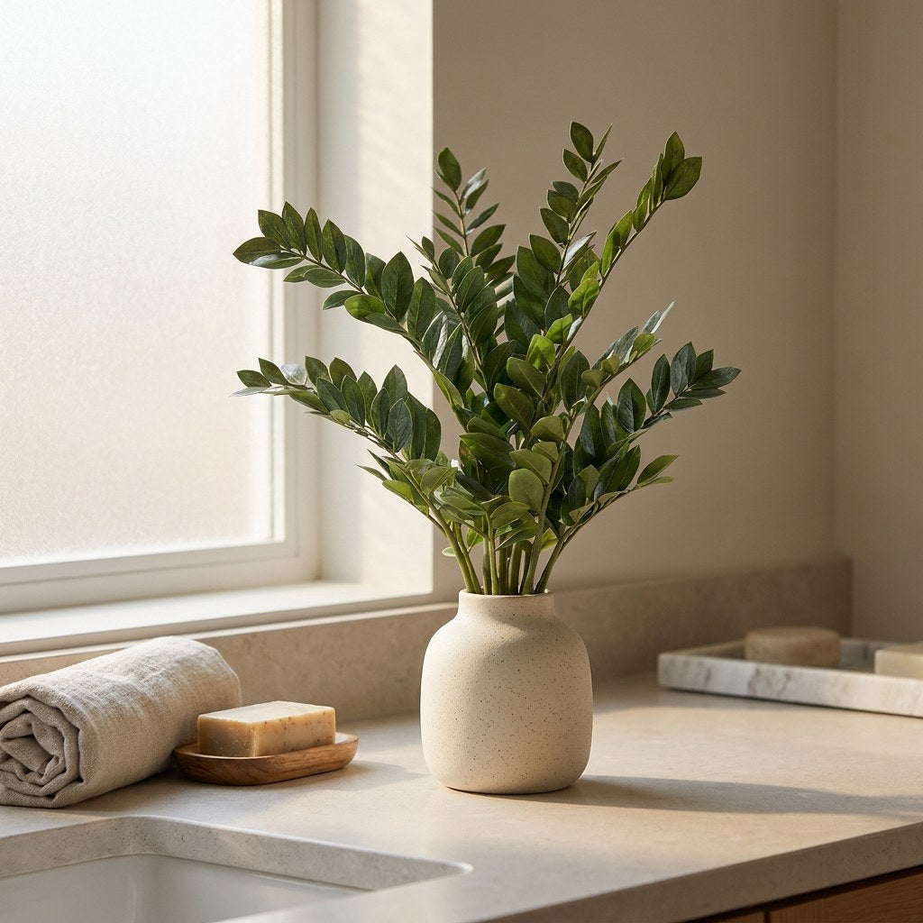 Faux ficus branch stems in a vase on a counter by a window, Kiyo Home