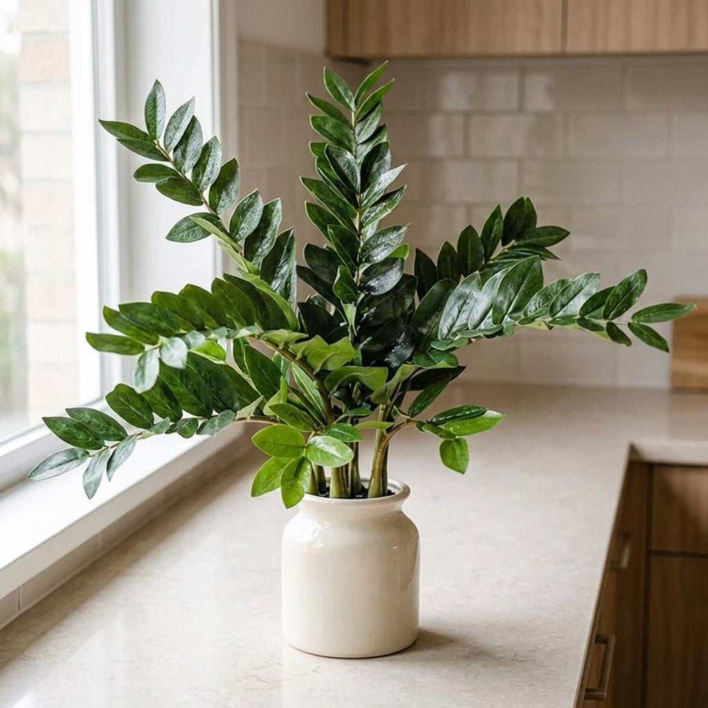 Faux ficus branch stems in a vase on a kitchen counter with tile backsplash, Kiyo Home