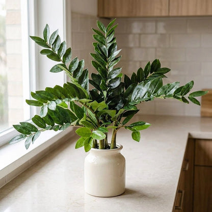 Faux ficus branch stems in a vase on a kitchen counter with tile backsplash, Kiyo Home