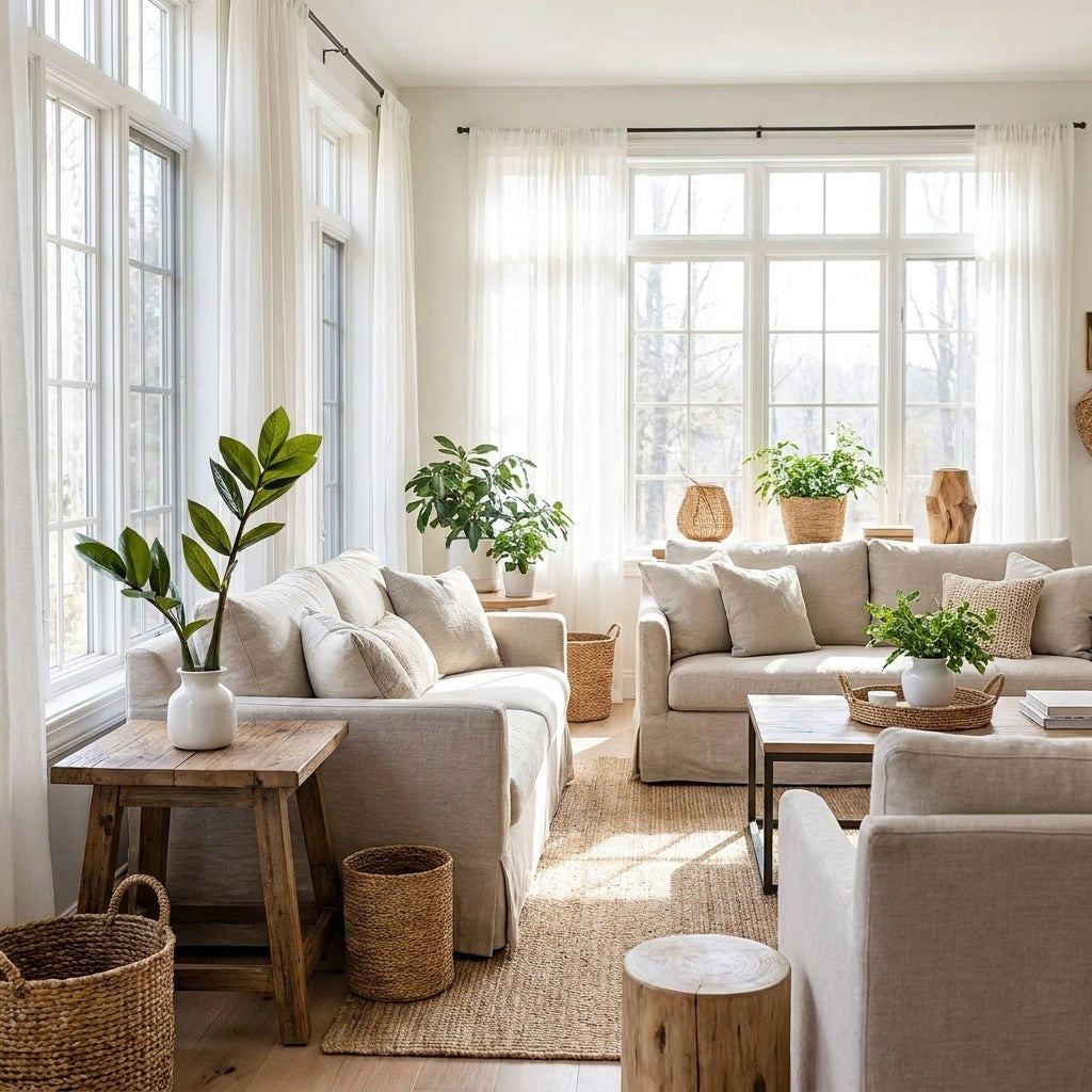 Faux ficus branch stems in a vase in a bright living room, Kiyo Home