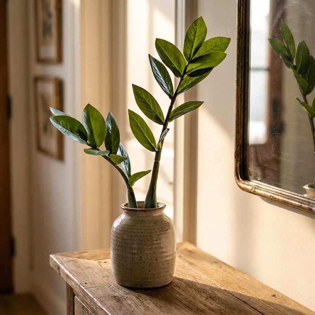 Faux ficus branch stems in a vase on a windowsill by a mirror, Kiyo Home