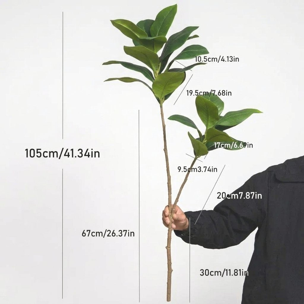 Single faux magnolia tree stem held upright with measurements marked: height 41.3 inches