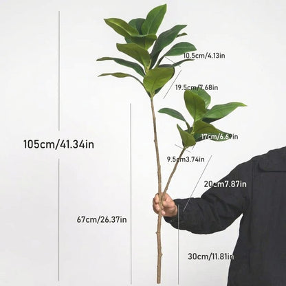 Single faux magnolia tree stem held upright with measurements marked: height 41.3 inches