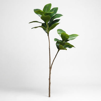 Single faux magnolia tree stem standing alone on a plain studio background