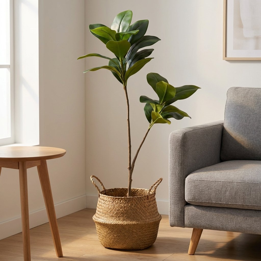 Two faux magnolia tree stems in a woven seagrass basket beside a gray fabric sofa