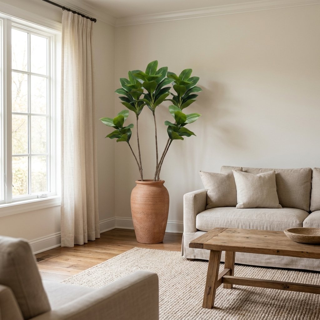 Faux magnolia tree in a terracotta urn in a living room corner beside a linen sofa and wood coffee table
