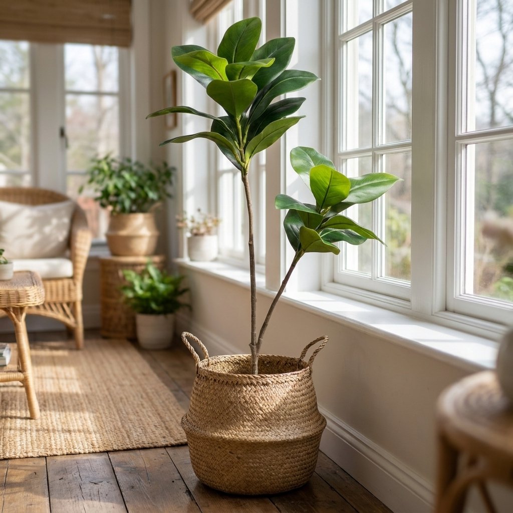 Two faux magnolia tree stems in a woven seagrass basket in a sunroom with wicker chairs