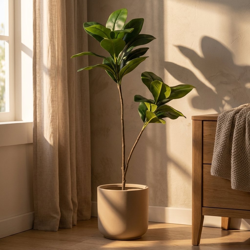 Two faux magnolia tree stems in a tan ceramic pot on a bedroom nightstand with linen curtains