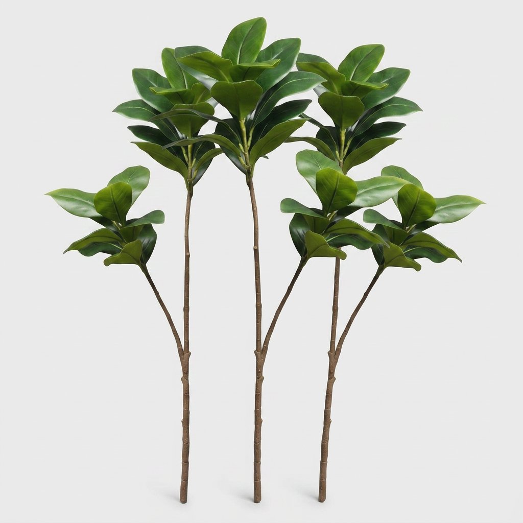 Three faux magnolia tree stems standing side by side on a plain studio background
