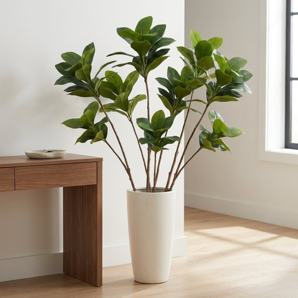 Bushy faux magnolia tree in a tall white tapered planter on a console table near a large window