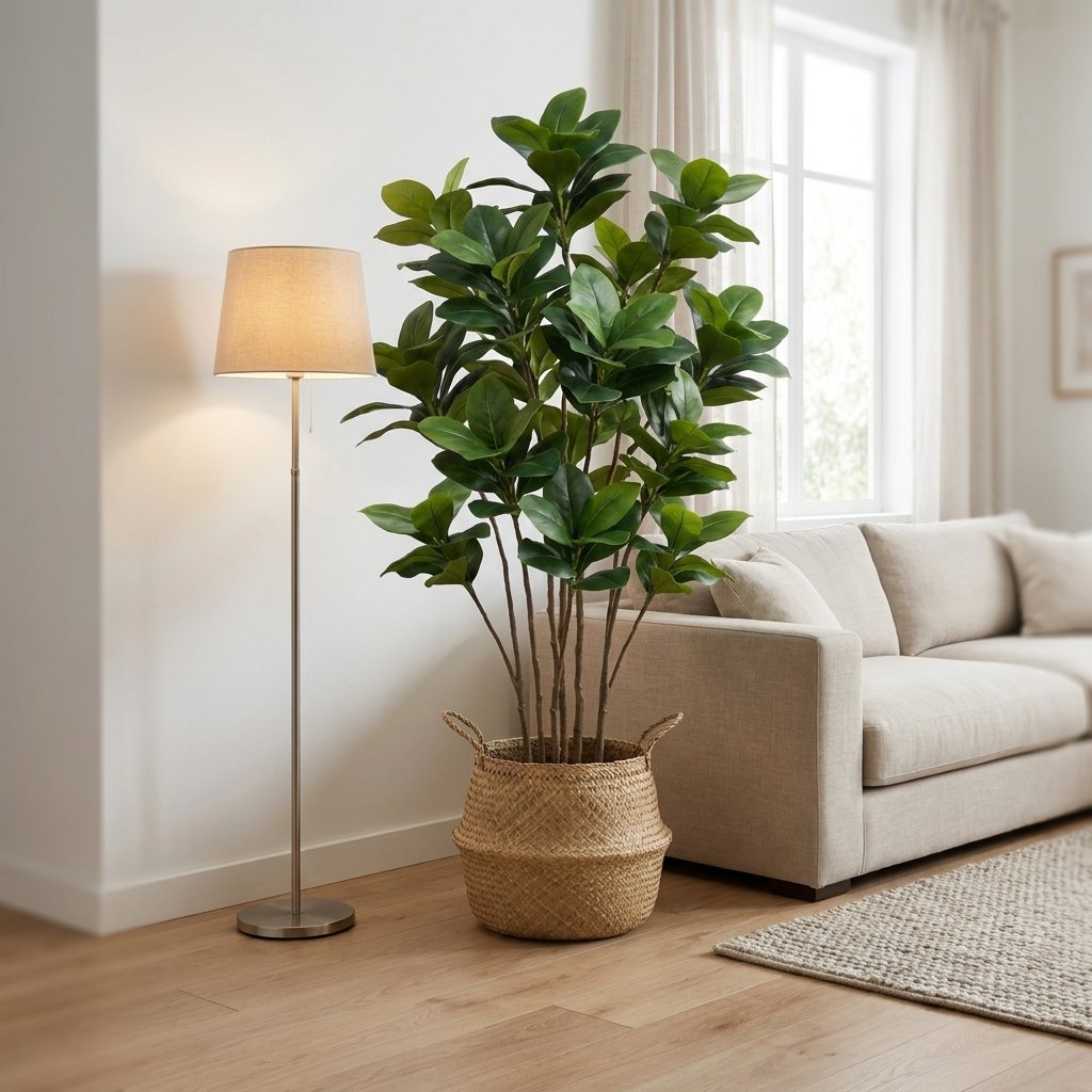 Bushy faux magnolia tree in a woven seagrass basket beside a brass floor lamp and beige sofa
