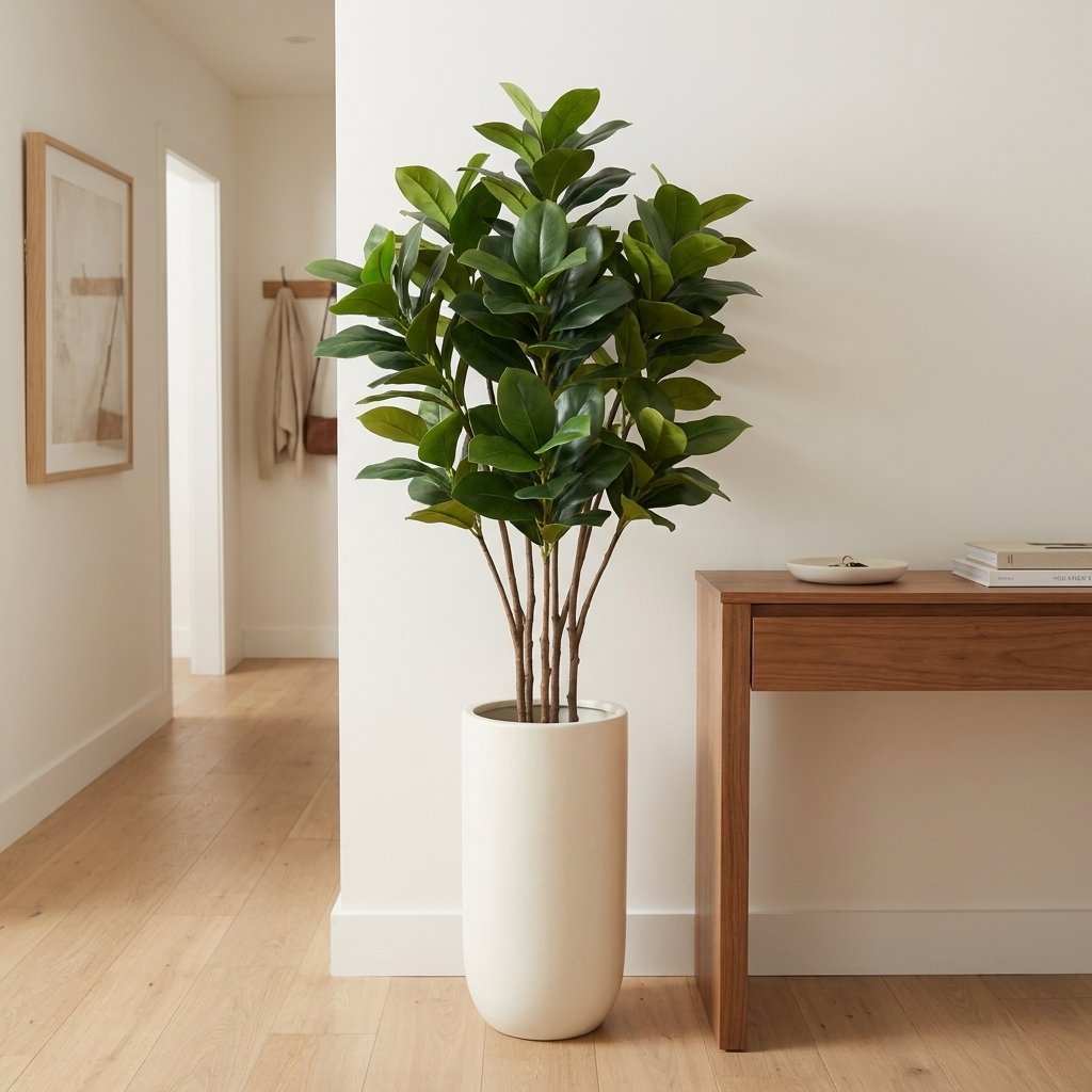 Bushy faux magnolia tree in a tall white tapered planter in a hallway corner, beside a wood console table with books and framed art
