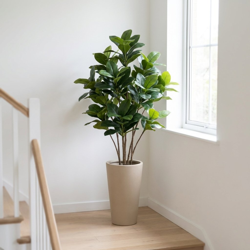 Bushy faux magnolia tree in a tall beige tapered planter on a staircase landing beside a white railing
