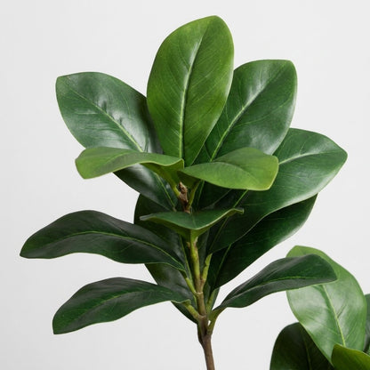Close-up of faux magnolia leaves on a stem, with a second stem blurred in the background