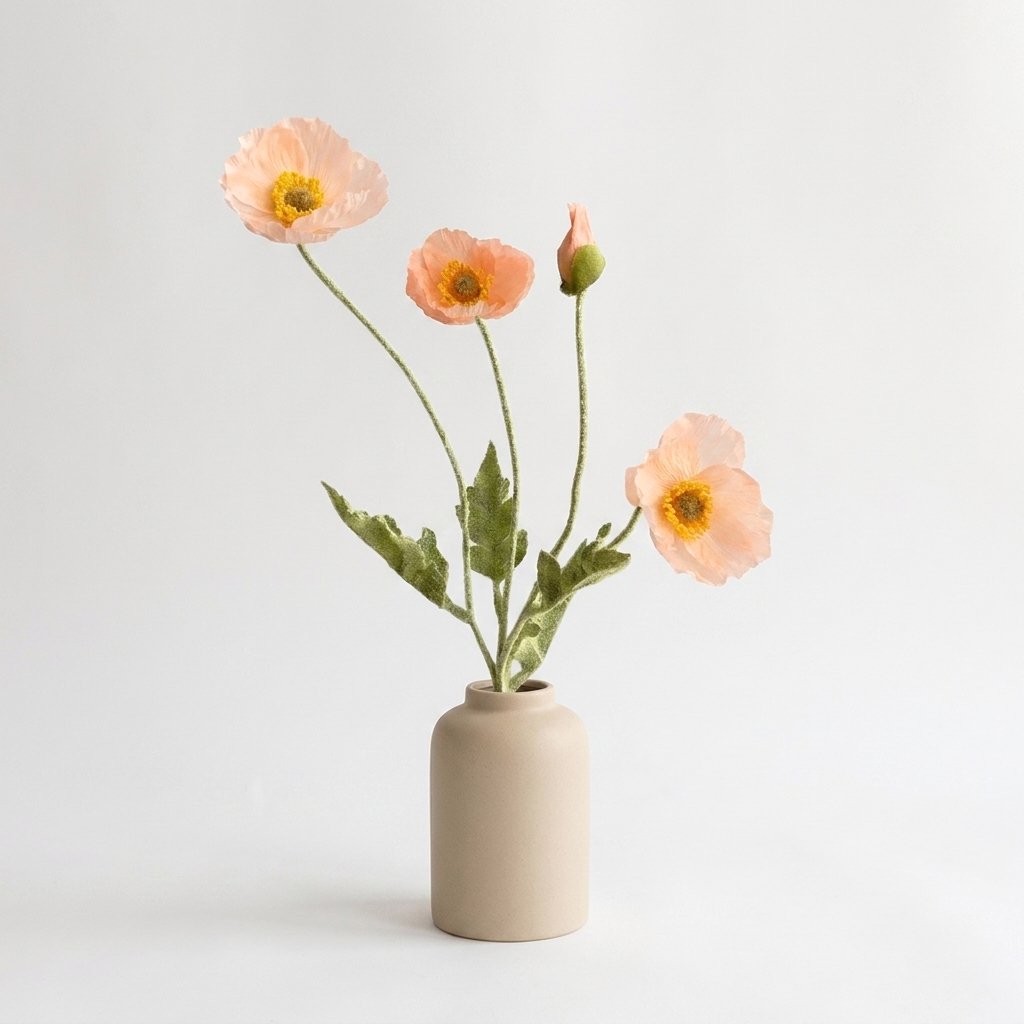 Four faux poppy stems with three peach-apricot blooms, two lighter and one deeper orange-peach, and a peach bud in a matte sand ceramic jar on a plain light backdrop