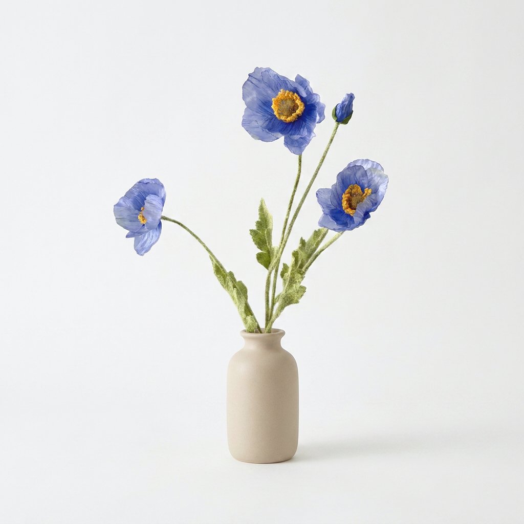 Four faux poppy stems with three periwinkle blue blooms with amber centers and a blue bud in a small cream ceramic vase on a plain light backdrop