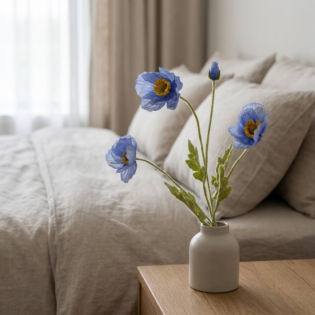 Four faux poppy stems with three periwinkle blue blooms and a bud in a small cream ceramic bottle vase on a light oak nightstand beside a bed with beige linen bedding