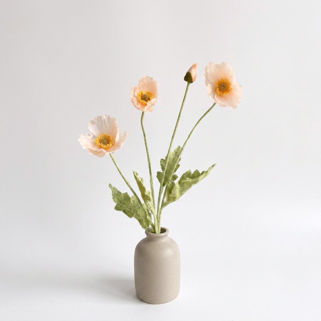 Four faux poppy stems with three very pale peach blush blooms and a bud in a small speckled taupe stoneware jar on a plain light backdrop