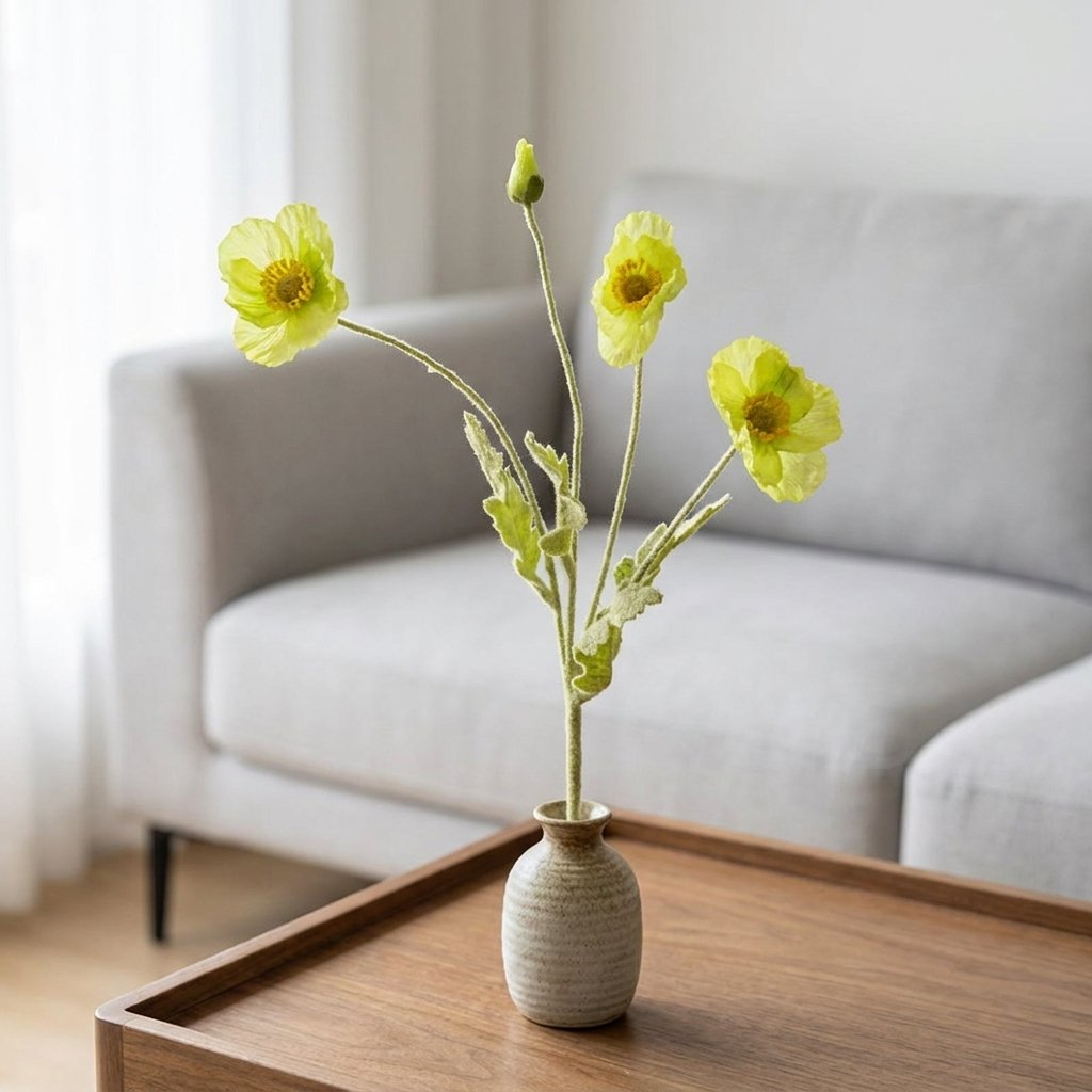 Four faux poppy stems with three yellow-green blooms and a bud in a small speckled stoneware bud vase on a walnut tray table in front of a light gray sofa