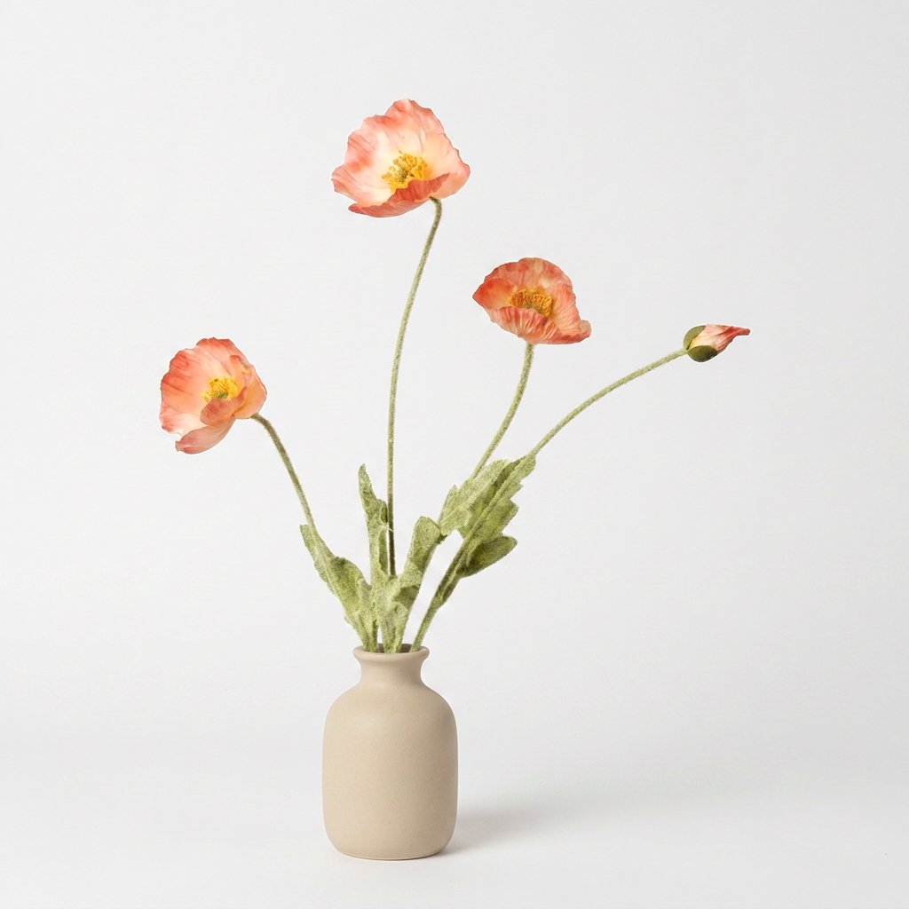 Four faux poppy stems with three salmon-coral blooms with cream-pink centers and a coral bud in a matte tan ceramic jar on a plain light backdrop