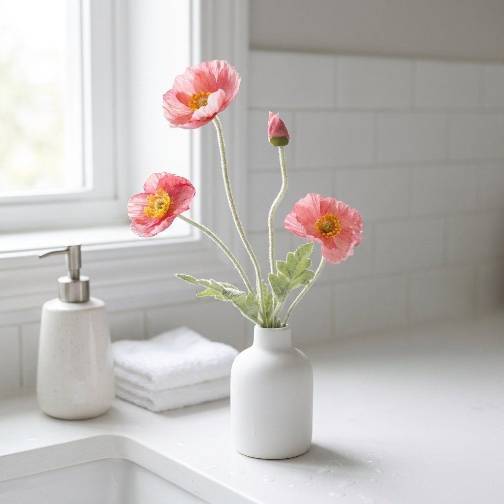 Four faux poppy stems with three coral-pink blooms and a bud in a matte white ceramic vase on a white bathroom counter beside a soap pump and folded washcloths