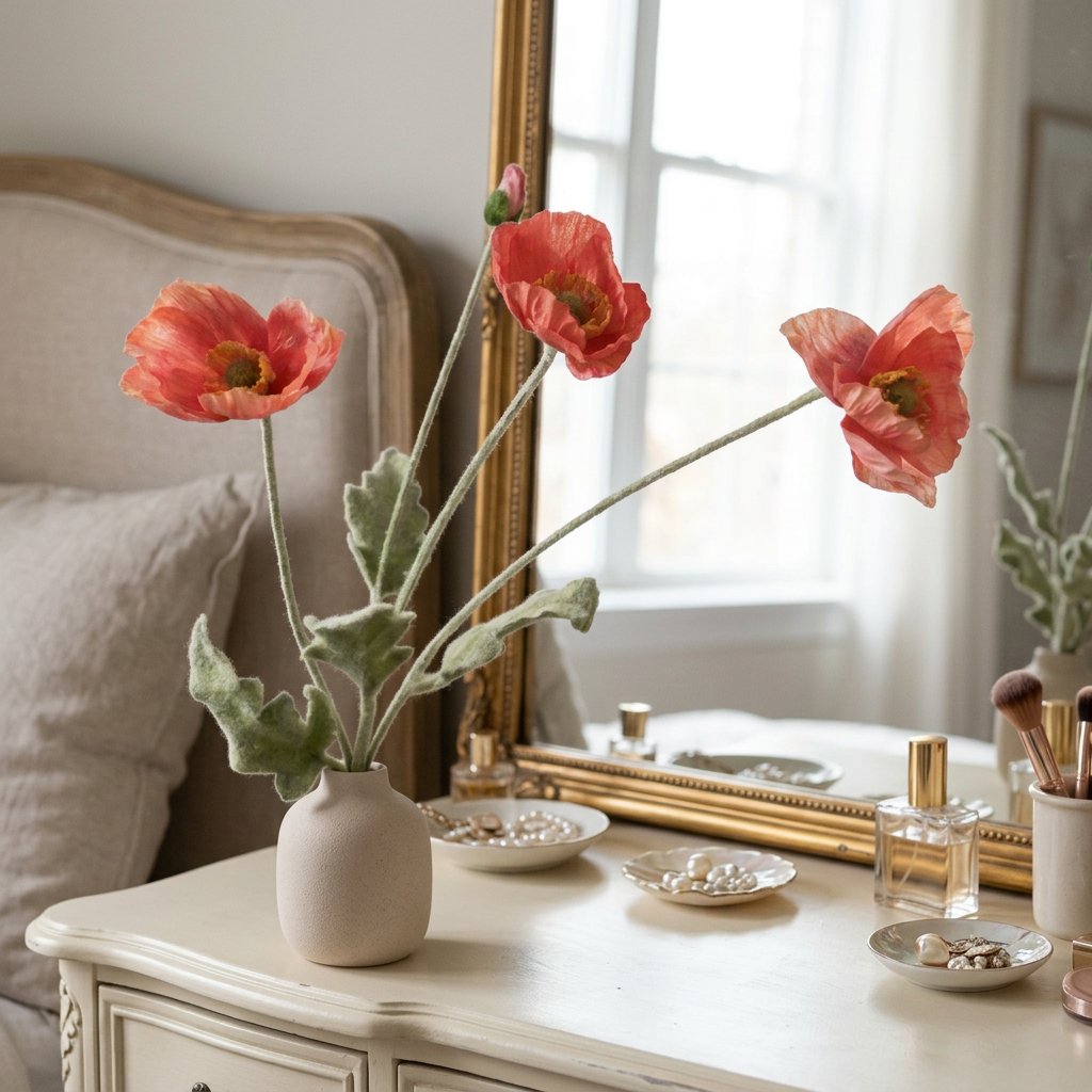 Four faux poppy stems with three red-orange coral blooms and a bud in a speckled cream vase on a cream dresser with a gold-framed mirror, a perfume bottle and jewelry dishes