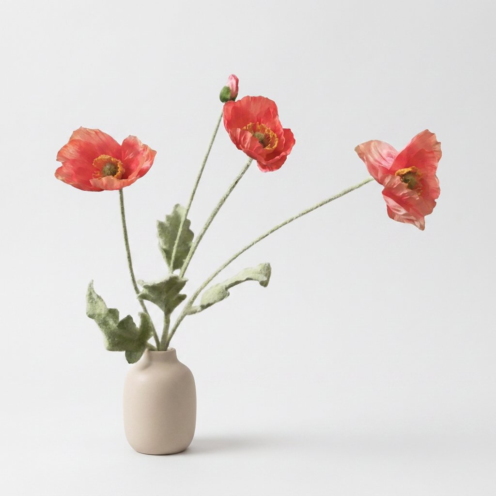 Four faux poppy stems with three coral-red blooms with paler pink edges and a pink bud in a small beige ceramic vase on a plain light backdrop