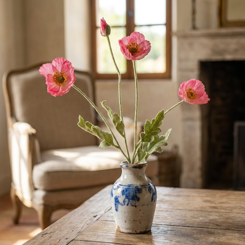 Four faux poppy stems with three bright pink blooms and a bud in a crackled cream vase with blue patterns on a weathered wood table beside a linen armchair and a fireplace