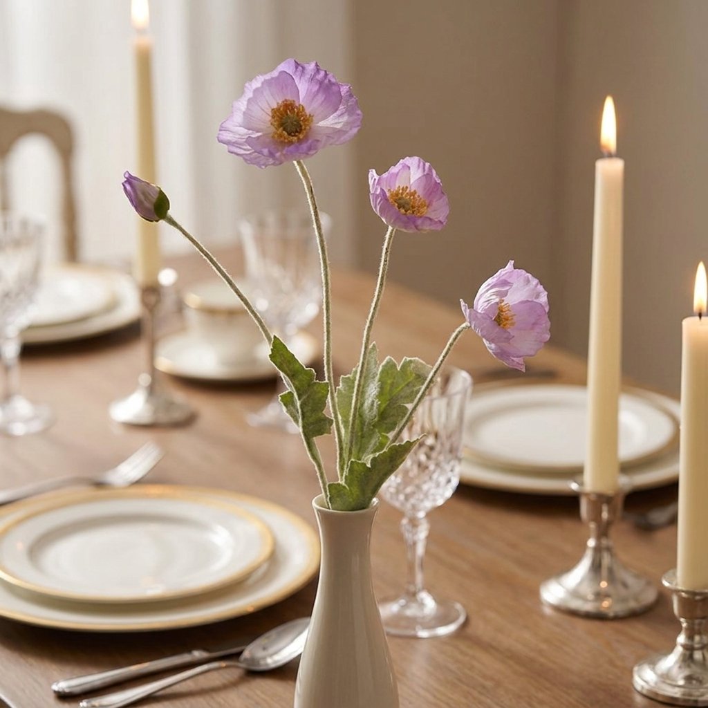 Four faux poppy stems with three lilac blooms and a bud in a tall white ceramic bud vase on a dining table set with gold-rimmed plates, crystal glasses and lit taper candles