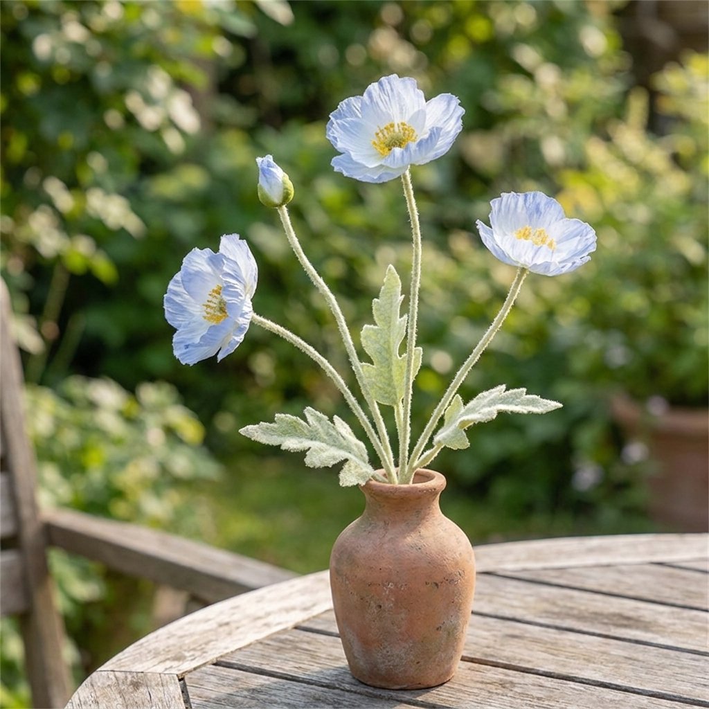 Four faux poppy stems with three pale blue blooms and a bud in a small terracotta vase on a weathered gray garden table with green foliage behind