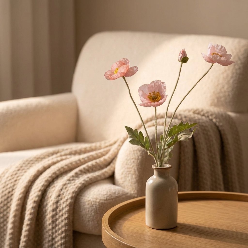 Four faux poppy stems with three light pink blooms and a bud in a taupe bottle vase on a round oak side table beside a cream boucle armchair with a knit throw