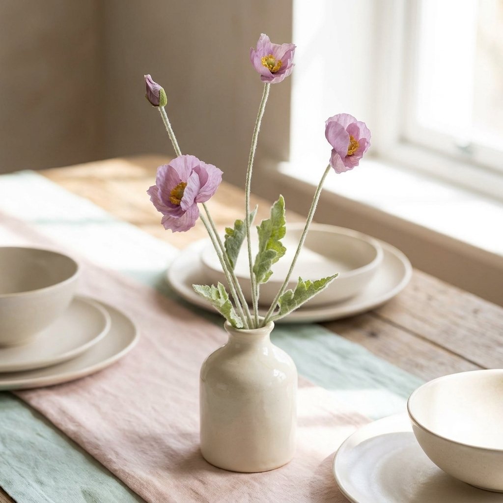 Four faux poppy stems with three dusty mauve blooms and a bud in a small glossy cream vase on a wood table with a striped linen runner and cream bowls