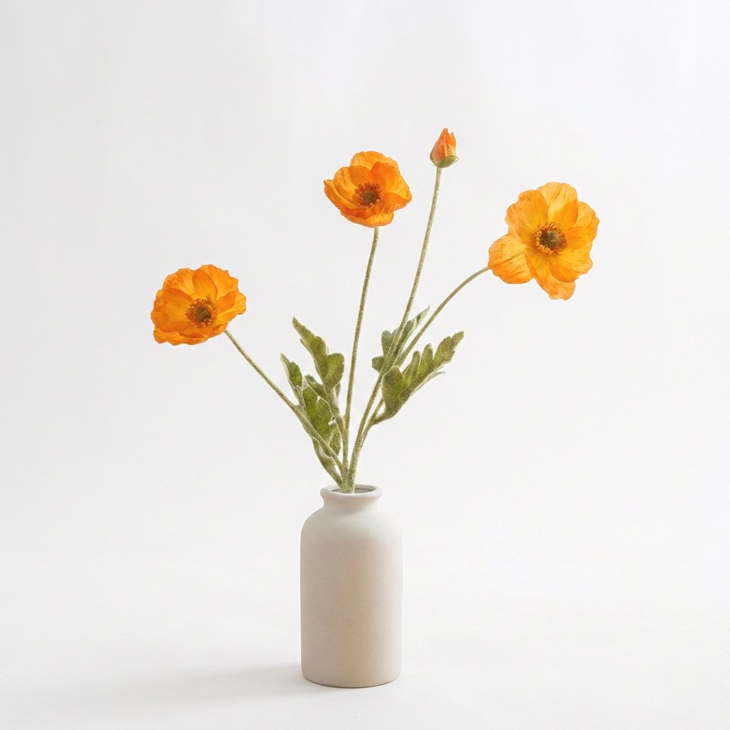 Four faux poppy stems with three bright tangerine-orange blooms and a bud in a tall white ceramic vase on a plain off-white backdrop