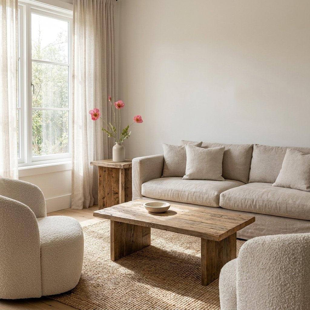Wide living room view with a small cream vase of faux pink poppy stems on a wood side table by a window, near a beige linen sofa, a reclaimed wood coffee table and two cream boucle chairs