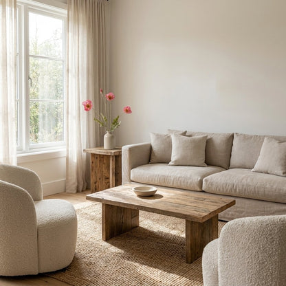 Wide living room view with a small cream vase of faux pink poppy stems on a wood side table by a window, near a beige linen sofa, a reclaimed wood coffee table and two cream boucle chairs