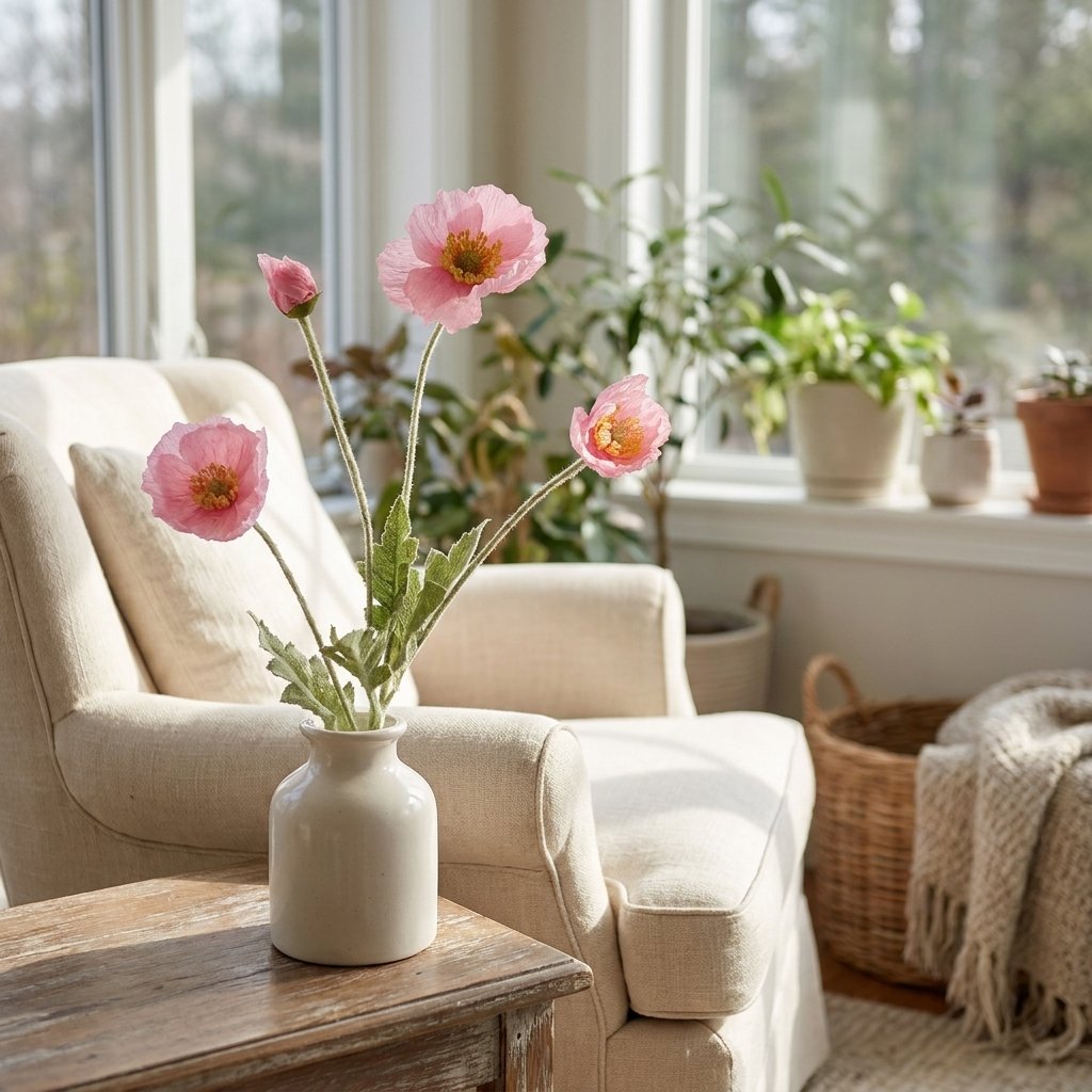 Four faux poppy stems with three pink blooms and a bud in a glossy cream vase on a rustic wood table in a sunroom with a linen armchair and potted plants on the windowsill