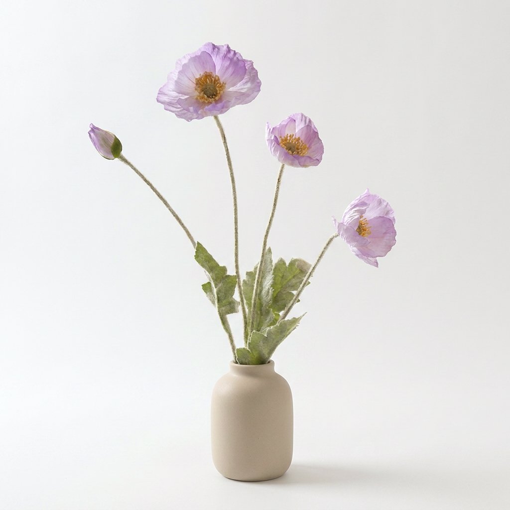 Four faux poppy stems with three pale lavender-lilac blooms and a bud in a beige ceramic vase on a plain light backdrop