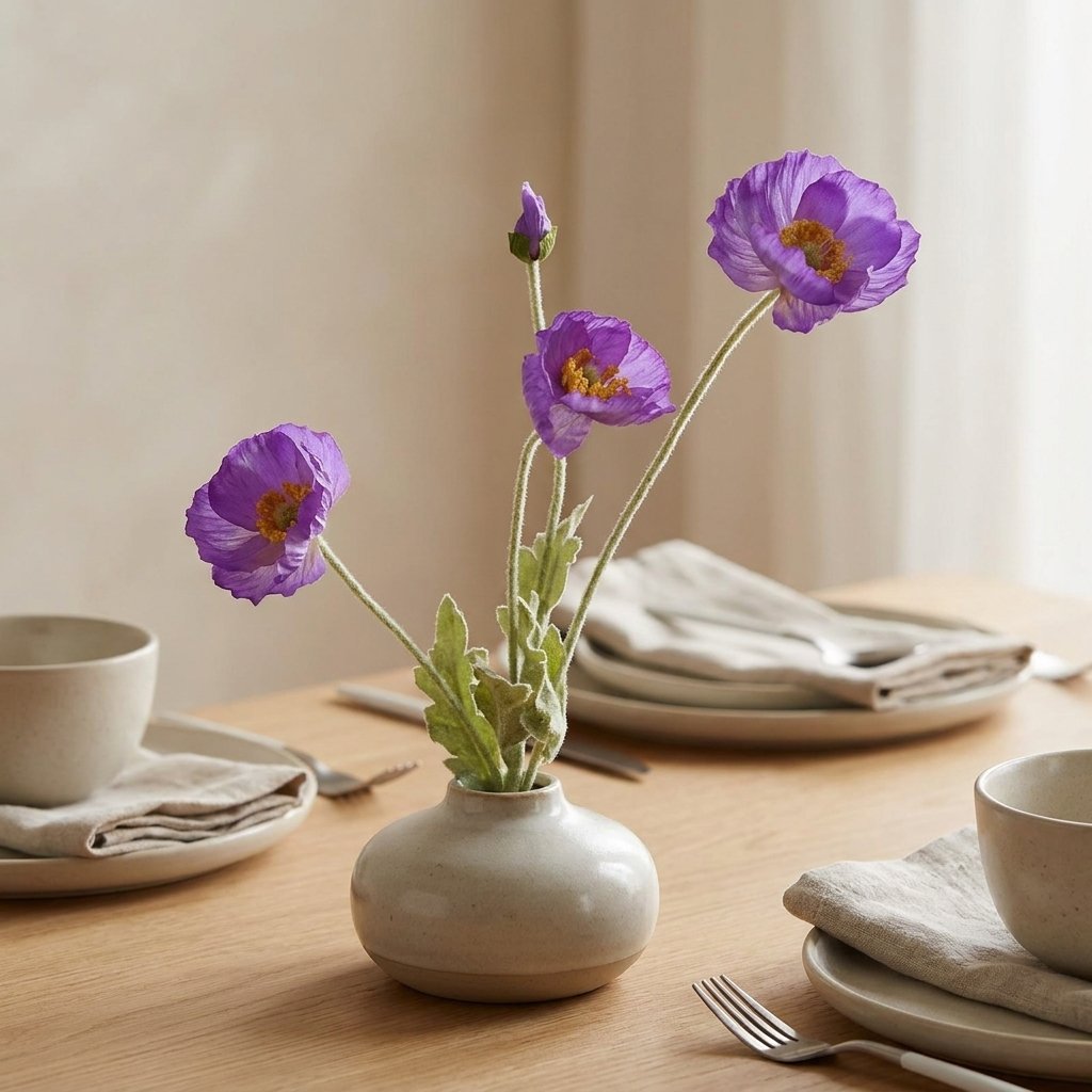 Four faux poppy stems with three violet-purple blooms and a bud in a speckled cream vase on an oak dining table among beige plates, linen napkins and silverware