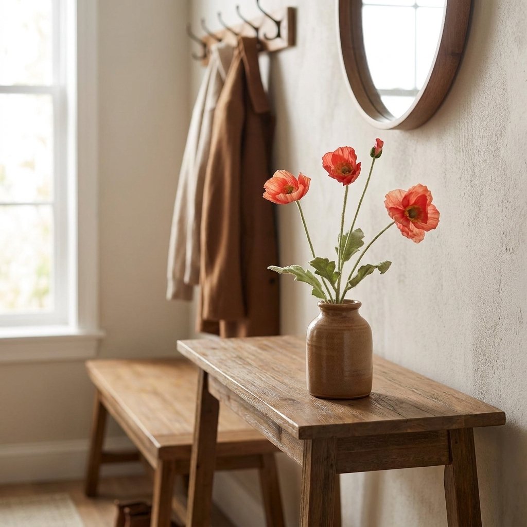 Four faux poppy stems with three red-orange blooms and a bud in a brown stoneware jar vase on a wood entryway bench beneath a wall coat rack and an oval mirror