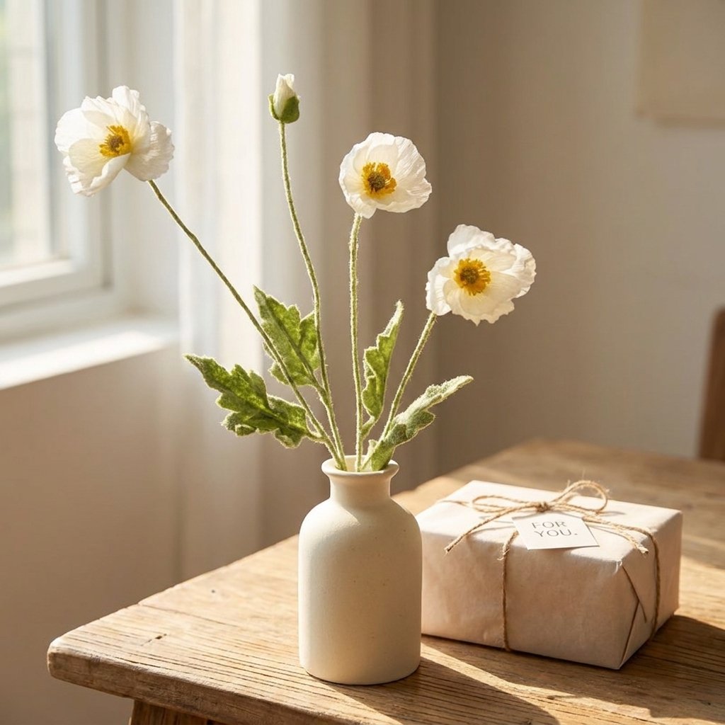 Four faux poppy stems with three white blooms and a bud in a cream ceramic bottle vase on a wood table beside a kraft-wrapped gift box tied with twine and a tag reading FOR YOU.