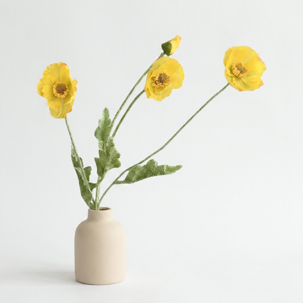 Four faux poppy stems with three bright yellow blooms and a bud in a matte cream ceramic bottle vase on a plain light backdrop