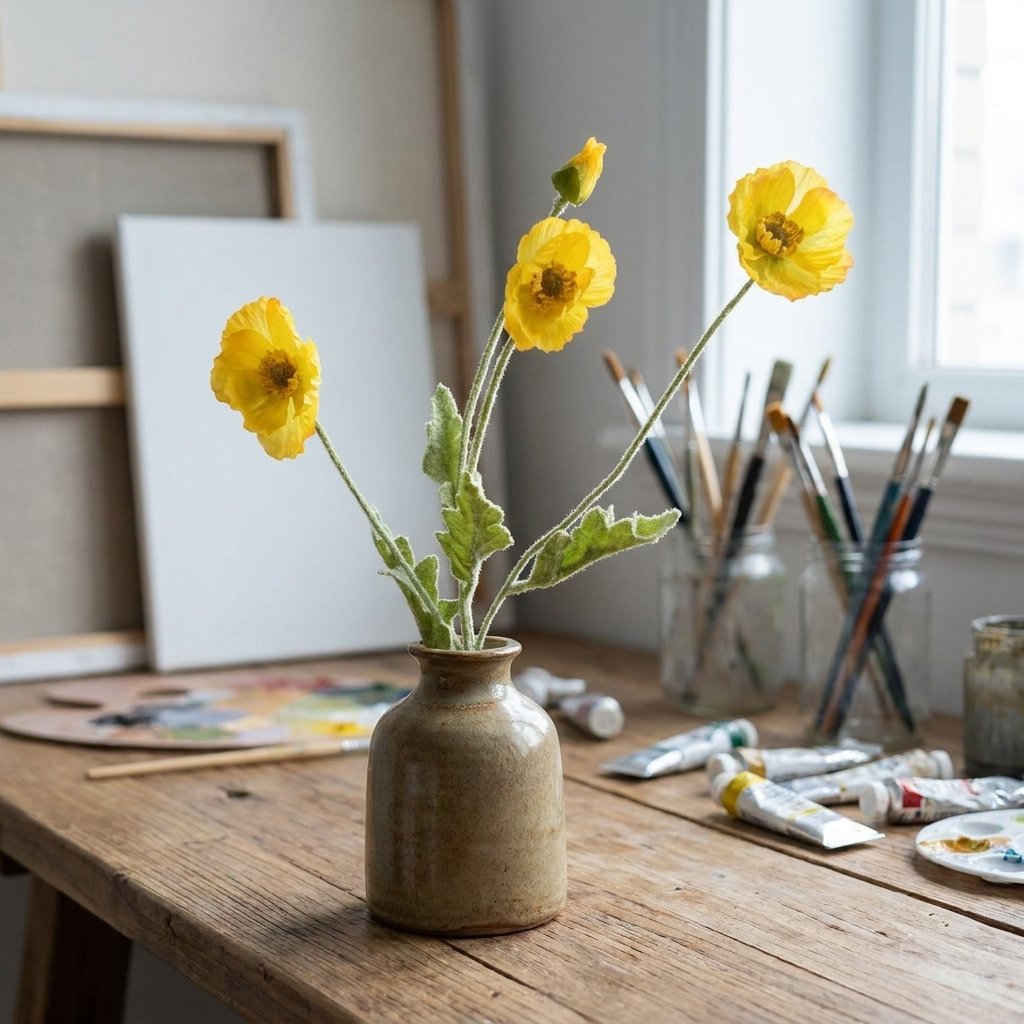 Four faux poppy stems with three yellow blooms and a bud in a tan and olive stoneware jar on a worn wood table among paintbrushes, paint tubes and a palette in an art studio