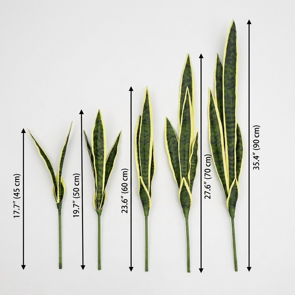 Dimension diagram showing five faux snake plant leaf heights from 17.7 inches to 35.4 inches